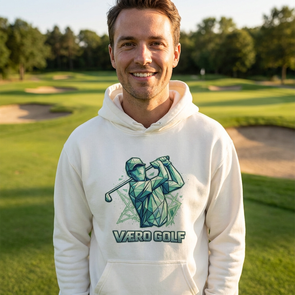 Man wearing a hoodie with a golf graphic and 'Vero Golf' text on a golf course.